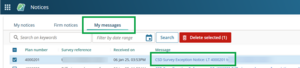 screenshot of the My messages screen. An exception processing notice is highlighted.