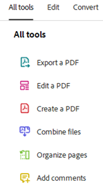 All tools menu in Adobe Reader