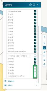 Layers panel in the Survey app. The tickboxes for 'Order 4V' to 'Vertical order not defined' beneath 'Vertical order' are unticked.