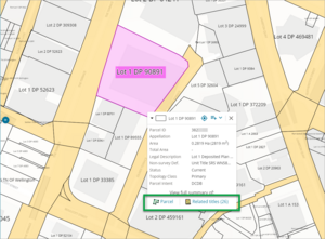 Info Panel with 'Parcel information - Related titles' highlighted at the bottom of the drop-down menu