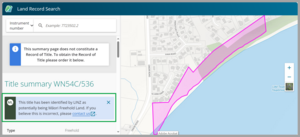 Example of Māori land disclaimer when search for a land record.