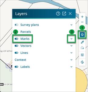 Layers panel in the Survey app. 1 is the third icon down in the toolbar. 2 is the marks toggle which is third down the panel and 3 is the arrow to the right of the marks toggle.