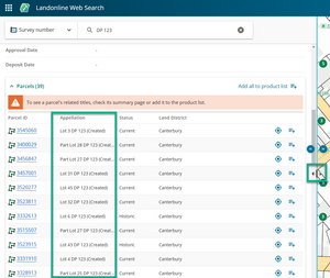 Web Search app with Appellation column and double arrow icon beside the map highlighted