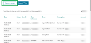 screenshot of on-screen fees report. The View on screen button is highlighted.