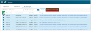 Screenshot of the Notices screen with the My messages tab selected and Delete selected button highlighted. 