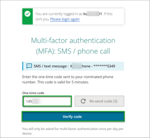 Screenshot of enter MFA code