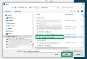 browse to the requisition notice select it and then select open