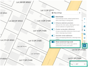 Screenshot of the Print Spatial Map in Web Search showing the Show numerical map scale toggle. 