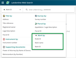 Screenshot of Landonline Web Search 'Mark by' search options. 