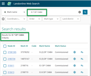 Screenshot of Landonline Web Search 'Mark name' results example 