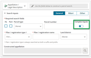 Screenshot of Landonline Web Search showing where you can choose to do a simple or complex search by switching the Complex inputs toggle. 