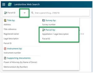 Screenshot of Landonline Web Search showing the search parcel functionality. 