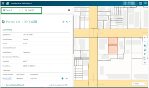 Screenshot of Landonline Web Search showing the parcel summary page with a map showing the location of the parcel. 