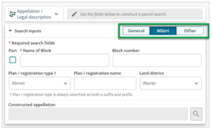 Screenshot of Landonline Web Search showing the search mode options you can use when using the search parcel functionality.  