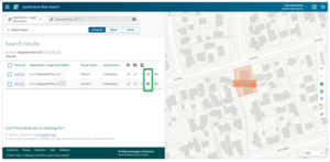 Screenshot of Landonline Web Search showing the locate buttons in the search parcel results view. 