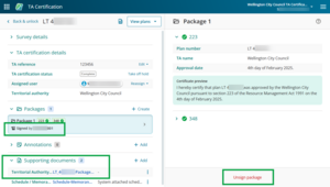 image of the TA certification screen. Package 1 is highlighted on the left panel and showing as signed. The TA certificate under supporting documents is highlighted. The unsign button at the bottom of the right hand panel is also highlighted.