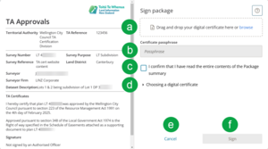 image of the TA approvals panel. The elements on the right side under Sign package are labelled a-f.