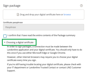 image of the Sign package panel, highlighting Choosing a digital certificate.