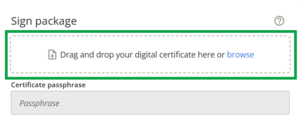 image highlighting the digital certificate box on the sign package panel.