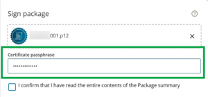 Image highlighting the certificate passphrase box. A passphrase has been entered and shows as asterisks.