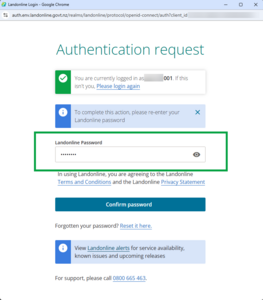 image of authentication request window. The Landonline password box is highlighted.