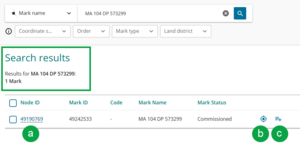 image showing search results for a mark name. The result identifies the node ID on the left as A, the locate icon on the right side as B, and the add to product list icon on the far right as C.