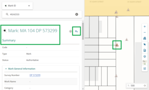 image showing search by mark ID, with mark summary on left side of screen and mark located spatially on right side of screen. Add to product list icon is also highlighted.