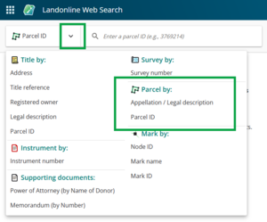 screenshot of Web Search search panel. Parcel ID is selected in the search field, and the dropdown arrow is highlighted. In the search panel, Serach parcel by Appellation/Legal description or by Pracel ID is also highlighted.