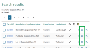 image showing search results for Deposited plan 491. The locate icons next to the listed parcels are highlighted.