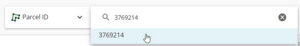 image of search parcel by parcel ID search field. The user ahs entered 3769214 and the cursor is positioned on the blue dropdown.