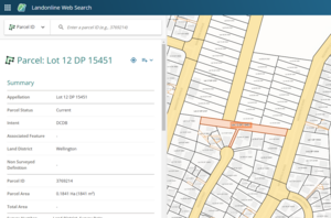 screenshot of Web Search screen after searching for a parcel by parcel ID. The parcel details panel is displayed on te left, and the parcel is shown in orange on the map on the right.