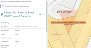 image showing Web Search screen after searching a historic parcel. The parcels details are shown on the left, and the parcel is shown on the map in orange with a dashed outline.