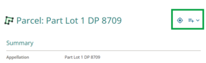 image highlighting the locate spatial item and add to product list icons at top right of parcel details panel.