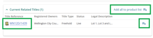 image of related titles panel, highlighting the add all to product list icon at top right of panel. Also highlighted are a title reference and the add to product list icon for that title.