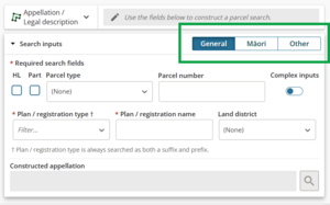 screenshot of search parcel by appellation panel, highlighting the appellation options: General, Māori, or Other.