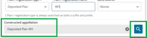 image showing the constructed appellation at bottom of search parcel panel. The Search icon at bottom right corner is also highlighted.