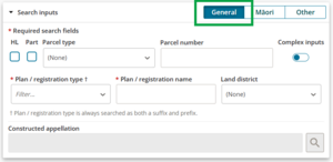 Image showing the search panel panel, highlighting the General appellation option.