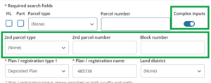 image showing the search panel with complex imputs toggled to On.A 2nd parcel type, 2nd parcel number, and block number field are highlighted.