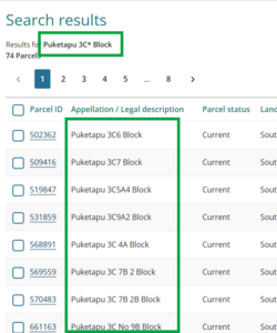 screenshot of search results for Puketapu 3C* block. Multiple variations of 3C are included.