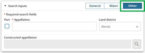 image of search parcel panel highlighting Other appellation format. Fields for searching by Other appellation are shown.