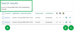 image of search results for Survey Office plan 19101 Canterbury. There are two results. Items in screenshot are marked A, B and C.