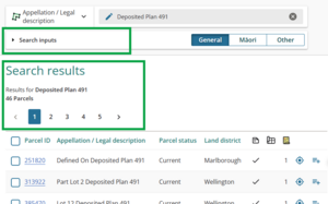 screenshot showing search results for Deposited Plan 491. There are 46 parcels. The Search inputs option is highlighted.