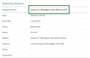 image of a statutory actions panel on the parcel details page. The Act details are highlighted.