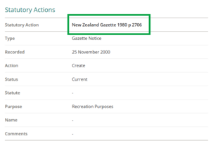 image of statutory actions panel on parcel details page. The Gazette details are highlighted.