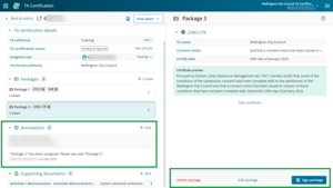 image of the TA certification screen. Annotations on the left panel is highlighted. The Delete package, Edit package, and Sign package buttons at the bottom of the right hand panel are also highlighted.