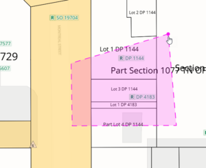 Image showing a polygon drwan on spatial map, enclosing spatial items. Polygon is pink, with a dashed outline.