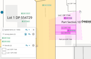 Image showing selected items within polygon highlighted pink, and added to spatial items panel.