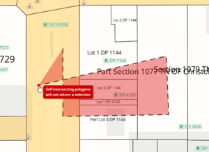 Image of a red self-intersecting polygon on spatial map, with warning message