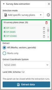 Image showing survey data extraction panel, hightlighting selected survey plans