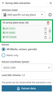 Image showing survey data extraction panel, hightlighting selected survey plans